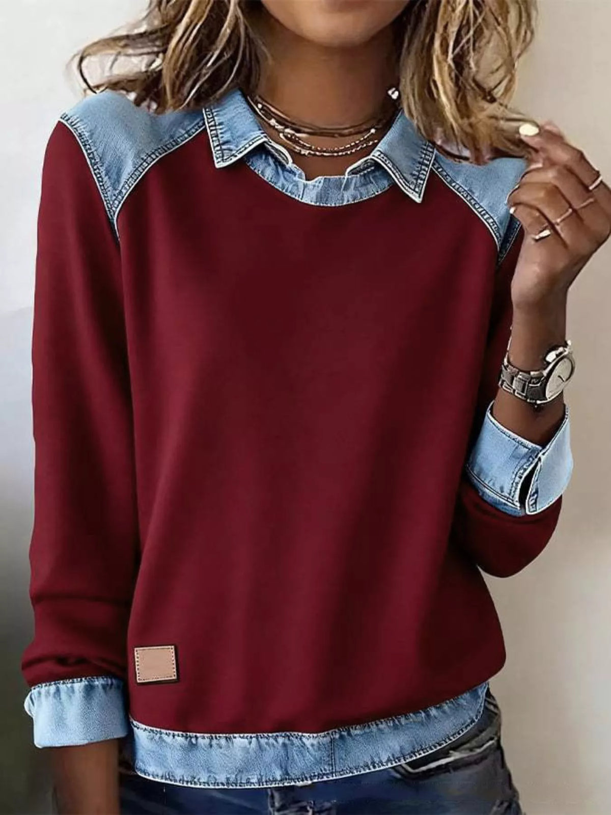 Full Size Denim Trim Long Sleeve Top Plus (11)