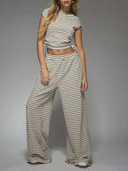 Striped Crop Top Wide Leg Pants Set