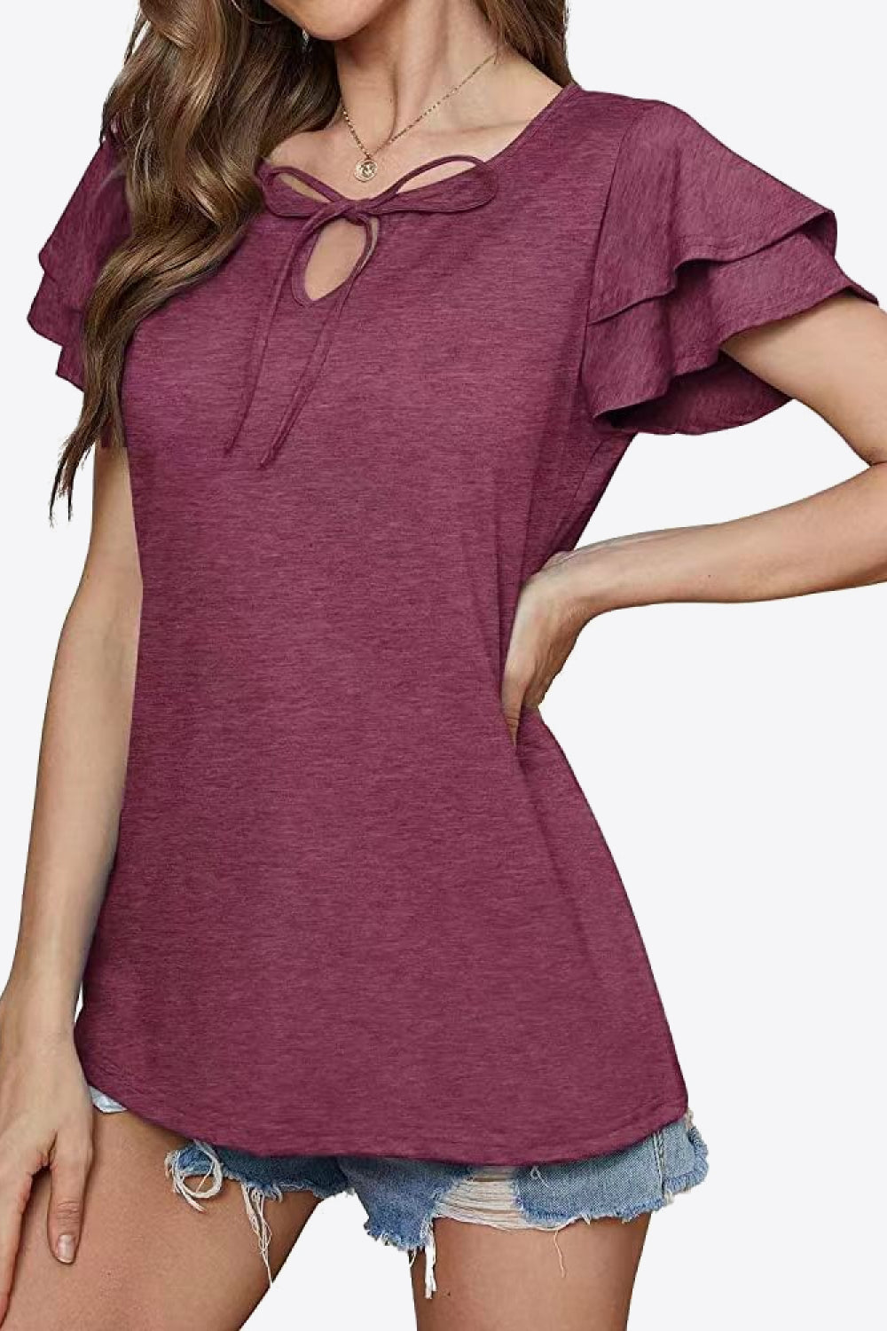 Tie-neck Layered Flutter Sleeve Blouse (3)