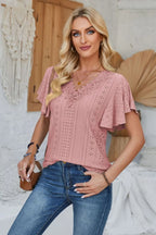 Eyelet Applique V-neck Cap Sleeve T-shirt (26)
