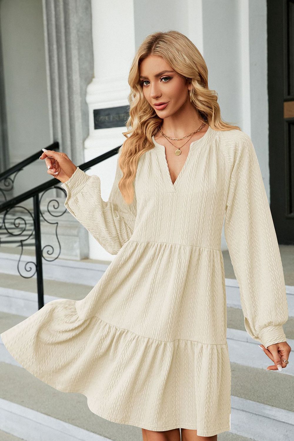 Notched Neck Long Sleeve Mini Dress (5)