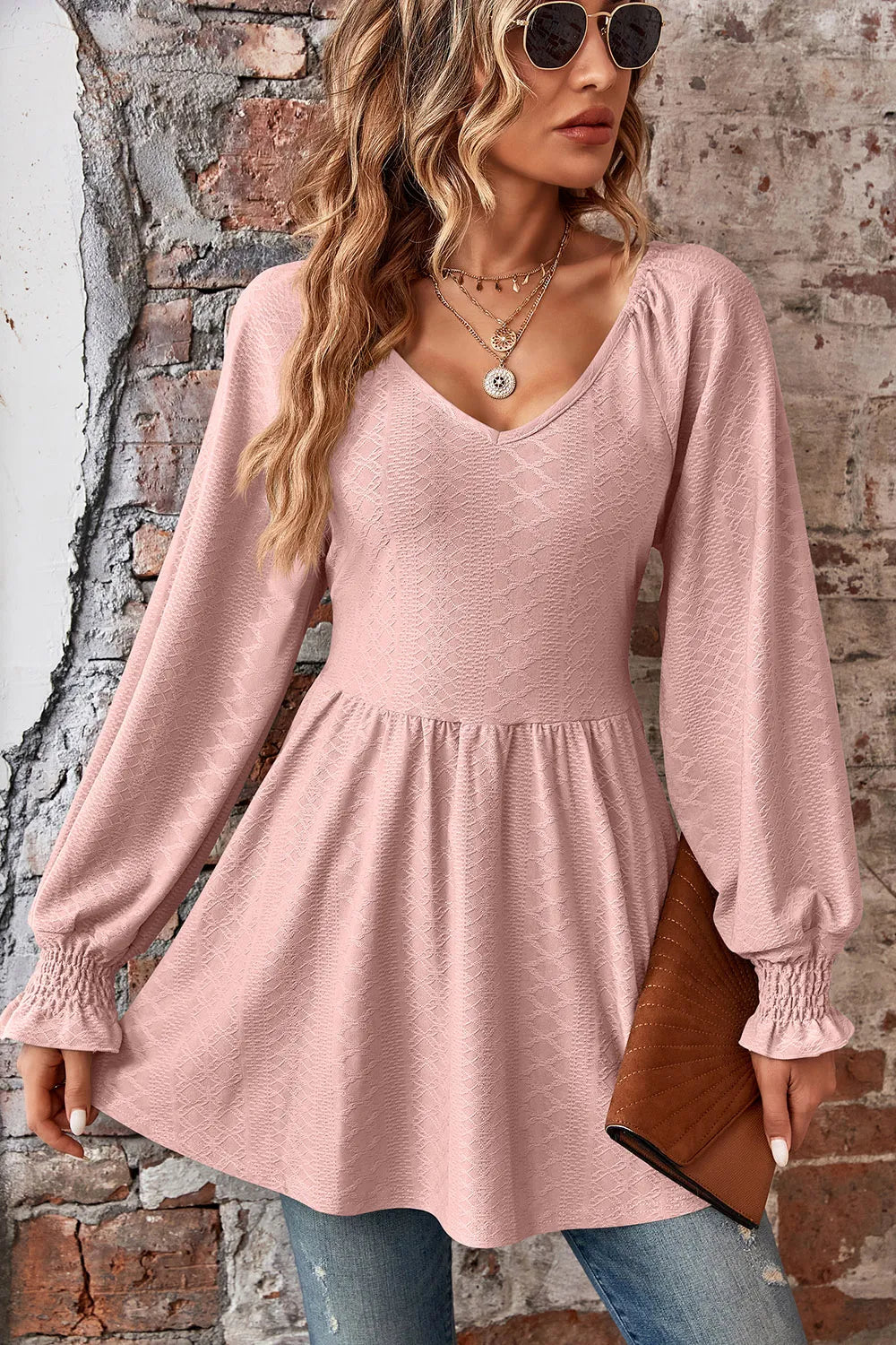 Peplum V-neck Long Sleeve Blouse (19)
