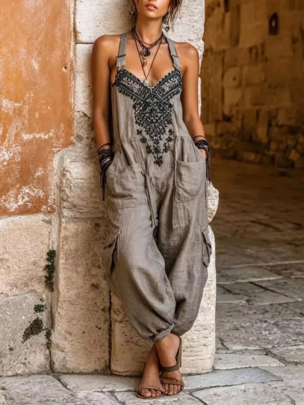 Full Size Embroidered Sleeveless Jumpsuit Cargo Pockets Plus