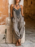 Full Size Embroidered Sleeveless Jumpsuit Cargo Pockets Plus