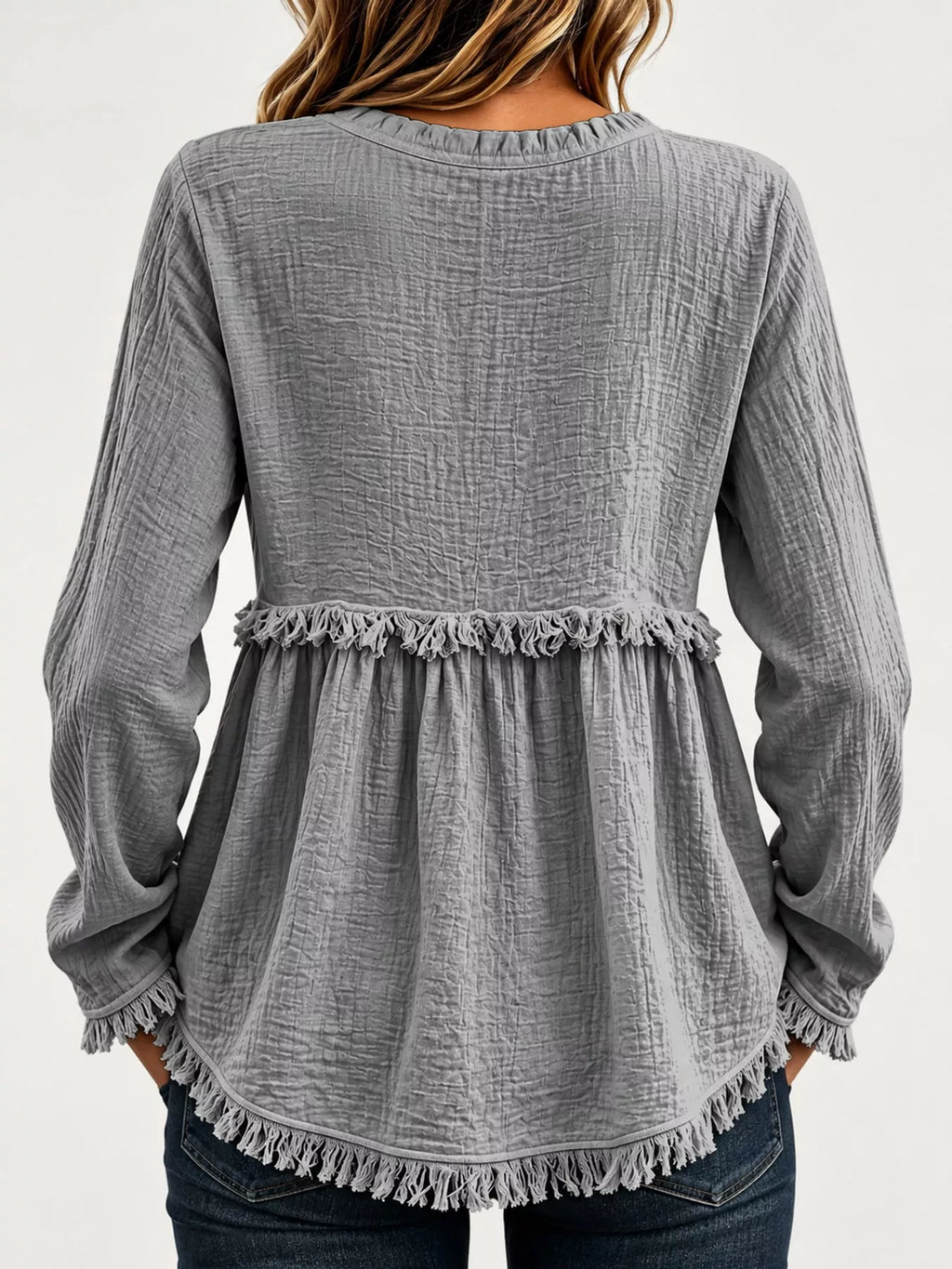 Full Size Frayed Hem Button Detail Blouse Plus (18)
