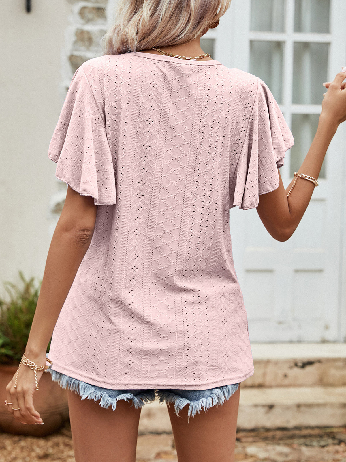 Round Neck Flutter Sleeve Blouse (2)