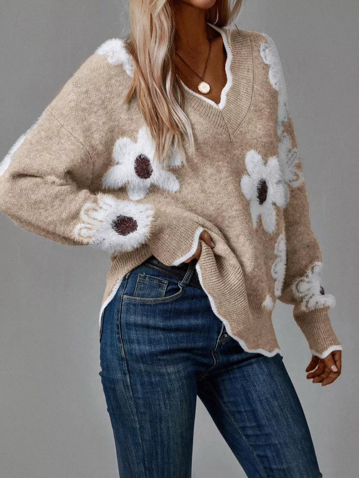 Floral V-neck Long Sleeve Sweater (8)
