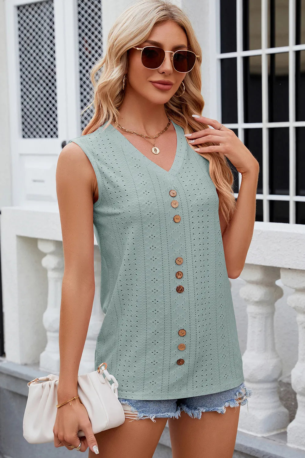 Decorative Button Eyelet V-neck Tank (14)