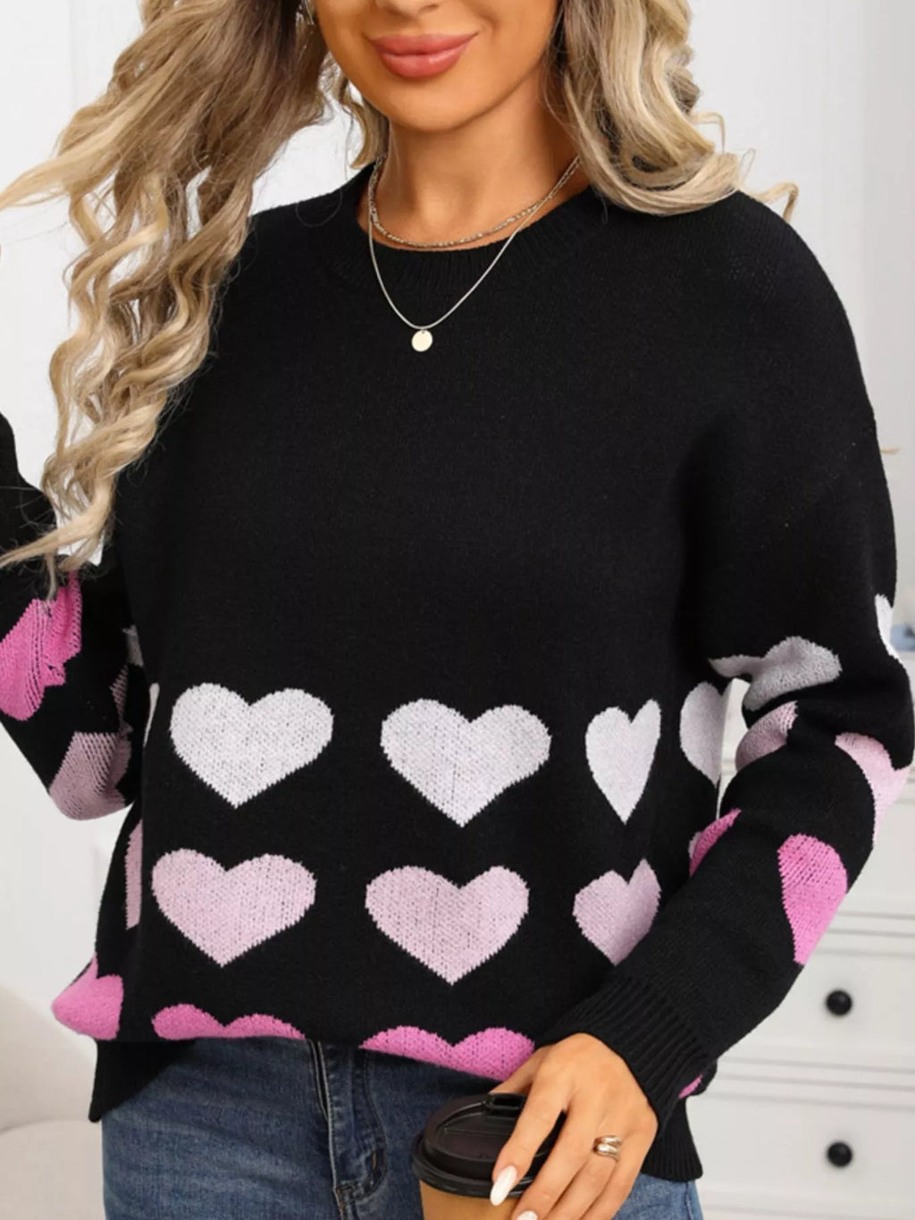 Valentine's Day Heart Pattern Crew Neck Sweater (16)