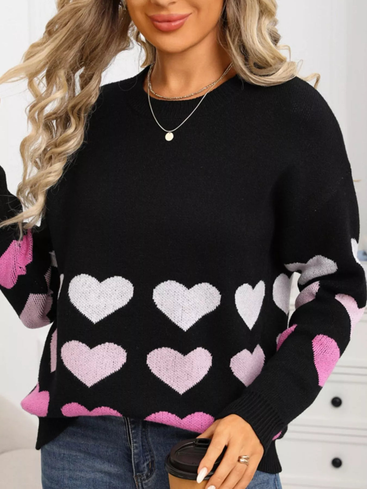 Valentine's Day Heart Pattern Crew Neck Sweater (16)