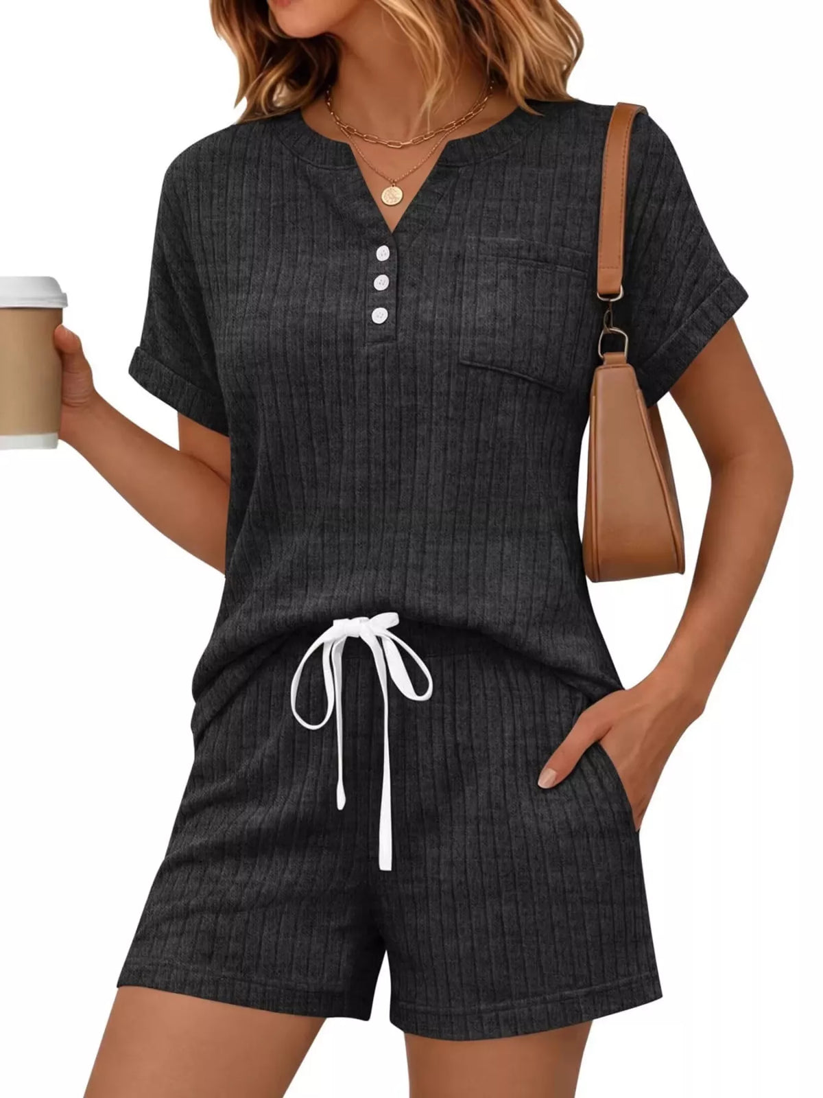 Casual Ribbed Knit Tee Shorts Set (10)