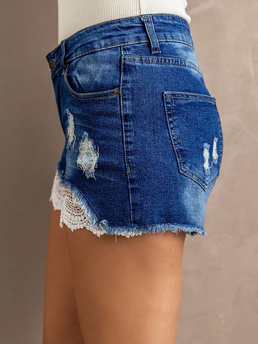 Lace Hem Denim Shorts Washed Frayed photo 2