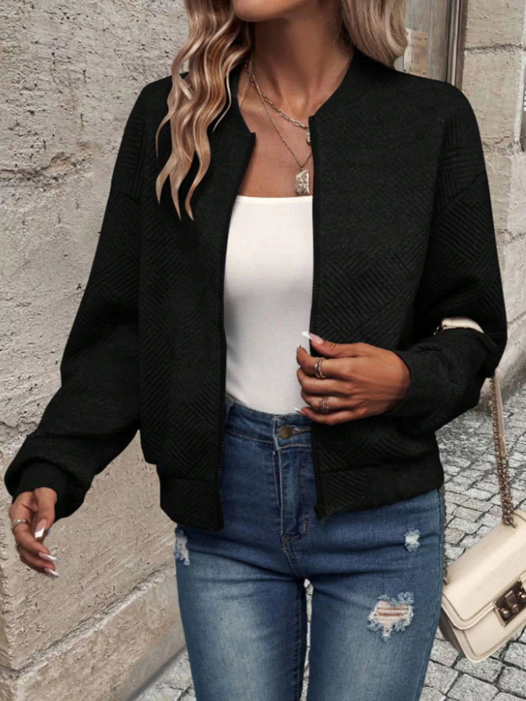 Textured Knit Zip-up Bomber Jacket (13)
