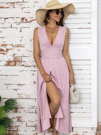Full Size Slit V-neck Sleeveless Midi Dress (10)