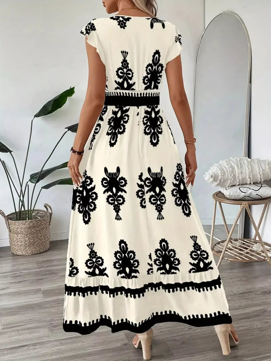 Printed V-neck Ruffled Cap Sleeve Dress (6)