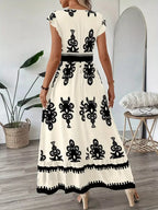 Printed V-neck Ruffled Cap Sleeve Dress (6)