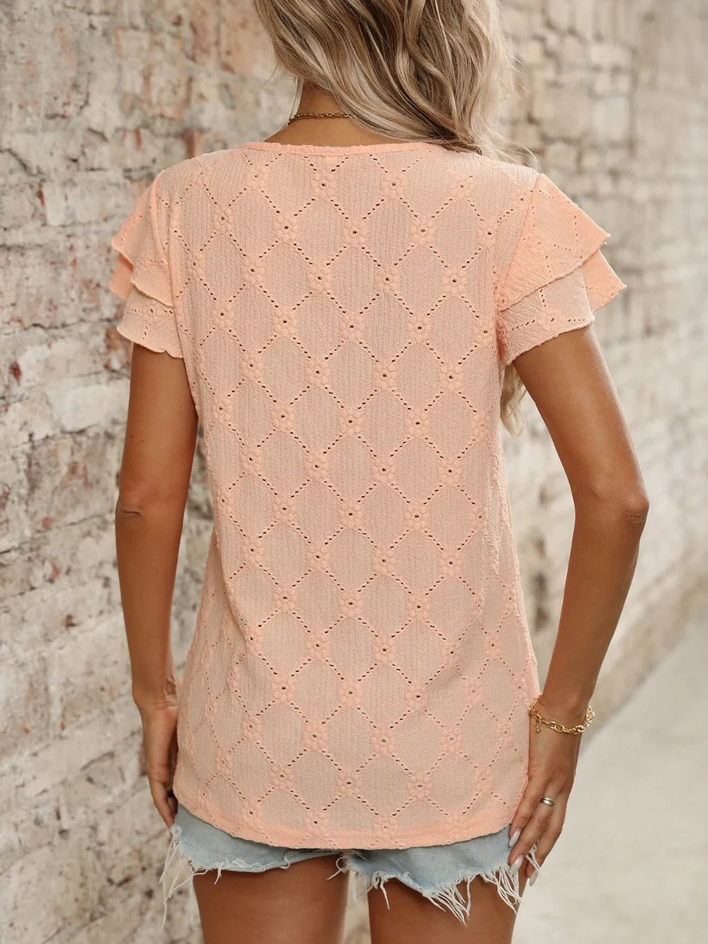 Eyelet Round Neck Double Layered Ruffled Short Sleeve Top (20)