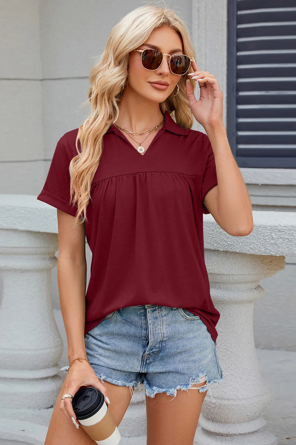 Ruched Johnny Collar Short Sleeve Blouse (3)
