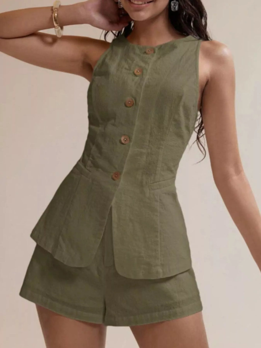 Button-down Sleeveless Top Shorts Set (11)