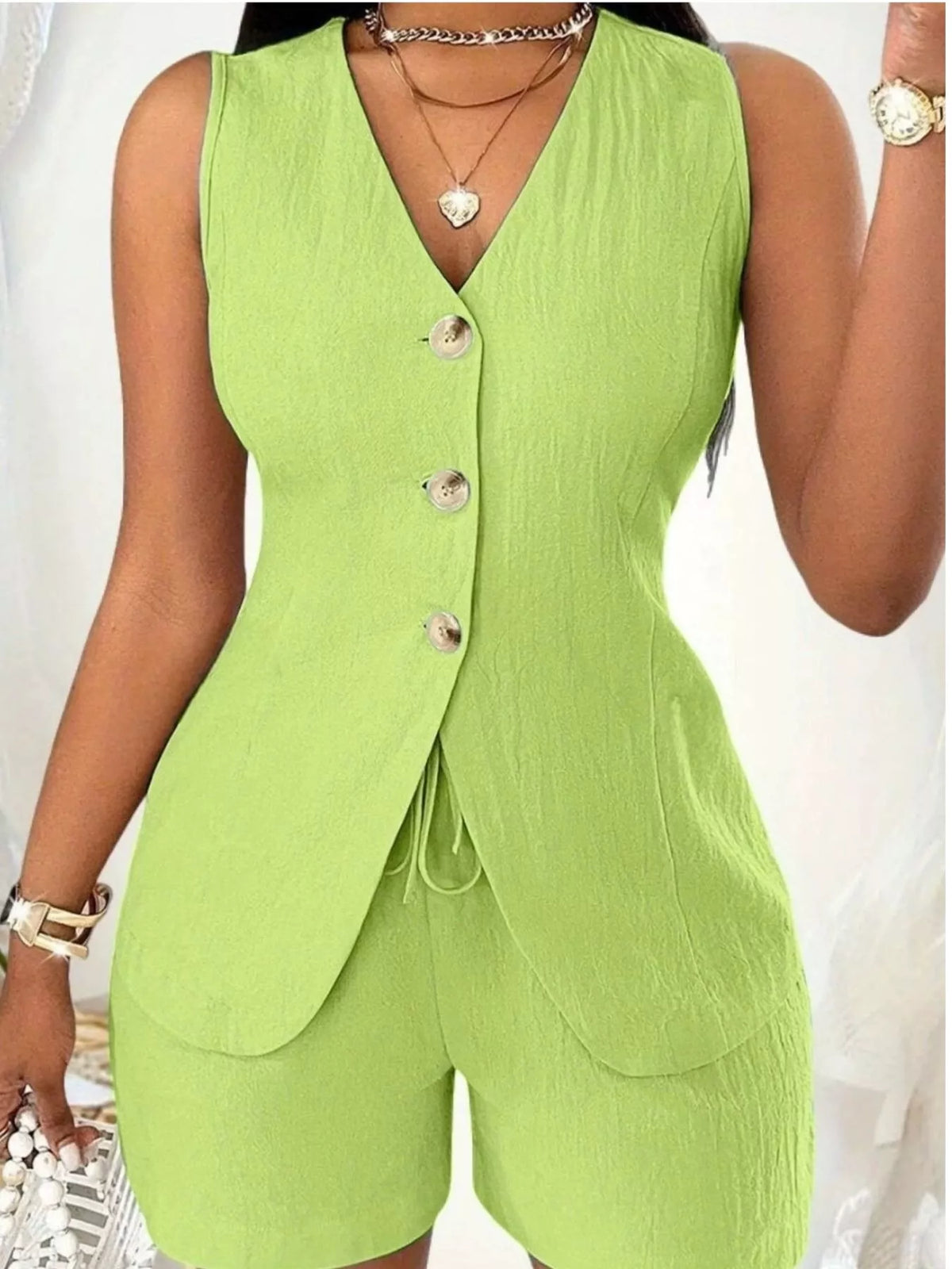 Sleeveless Button-down Vest Shorts Set (19)