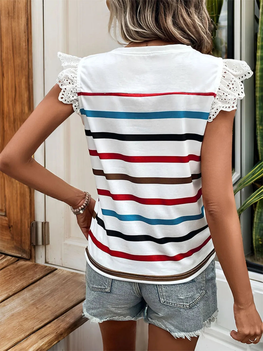 Striped Round Neck Cap Sleeve T-shirt (5)