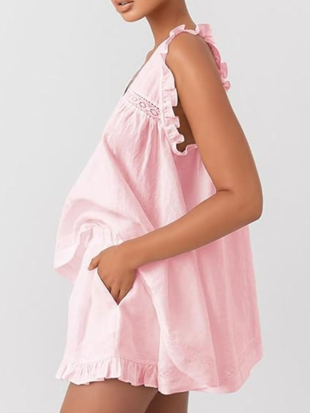 Ruffle Trim V-neck Top Shorts Set (10)