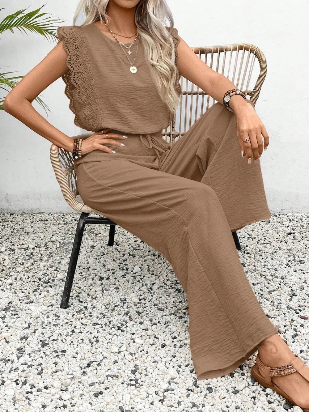Lace Trim Round Neck Top Pants Set (24)
