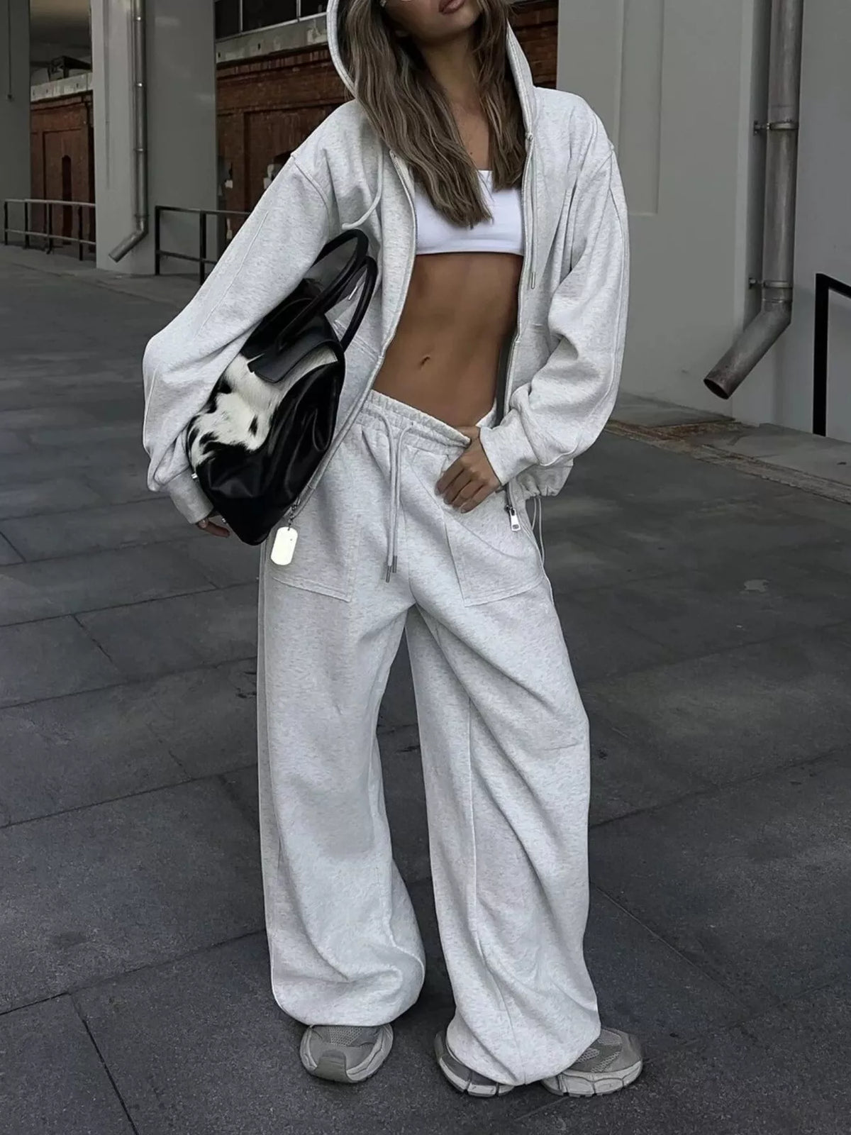 Oversized Zip-up Hoodie Wide-leg Pants Set (9)