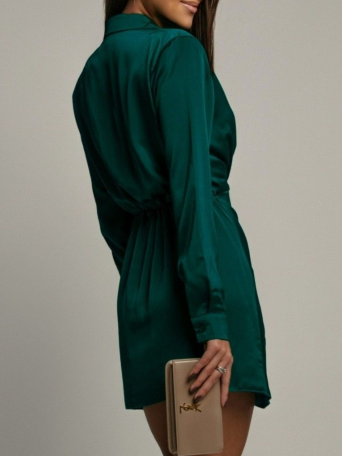 Collared Neck Long Sleeve Satin Dress (9)