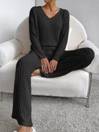 Ribbed Knit Long Sleeve Top Pants Set (16)