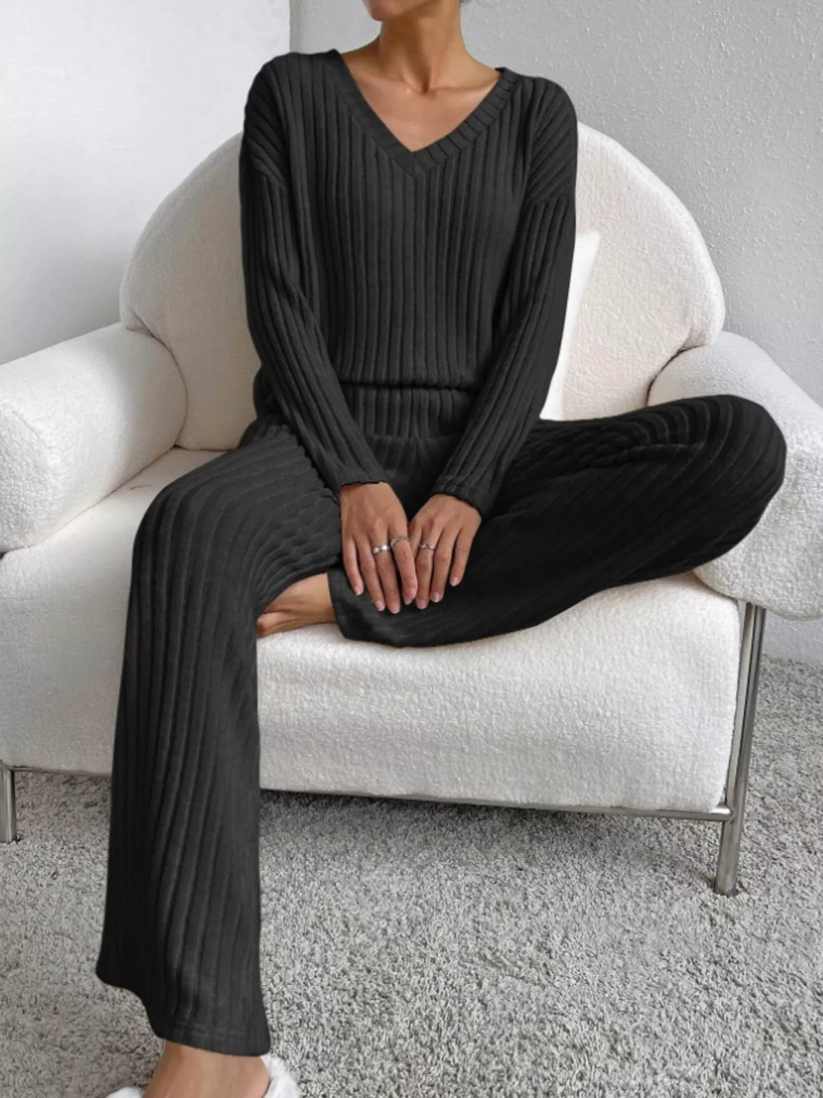 Ribbed Knit Long Sleeve Top Pants Set (16)
