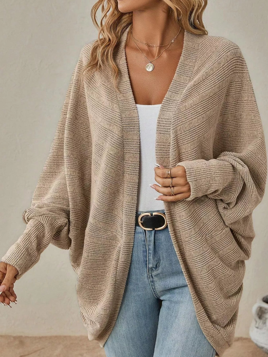 Casual Open Front Batwing Sleeve Ribbed Knit Cardigan (2)