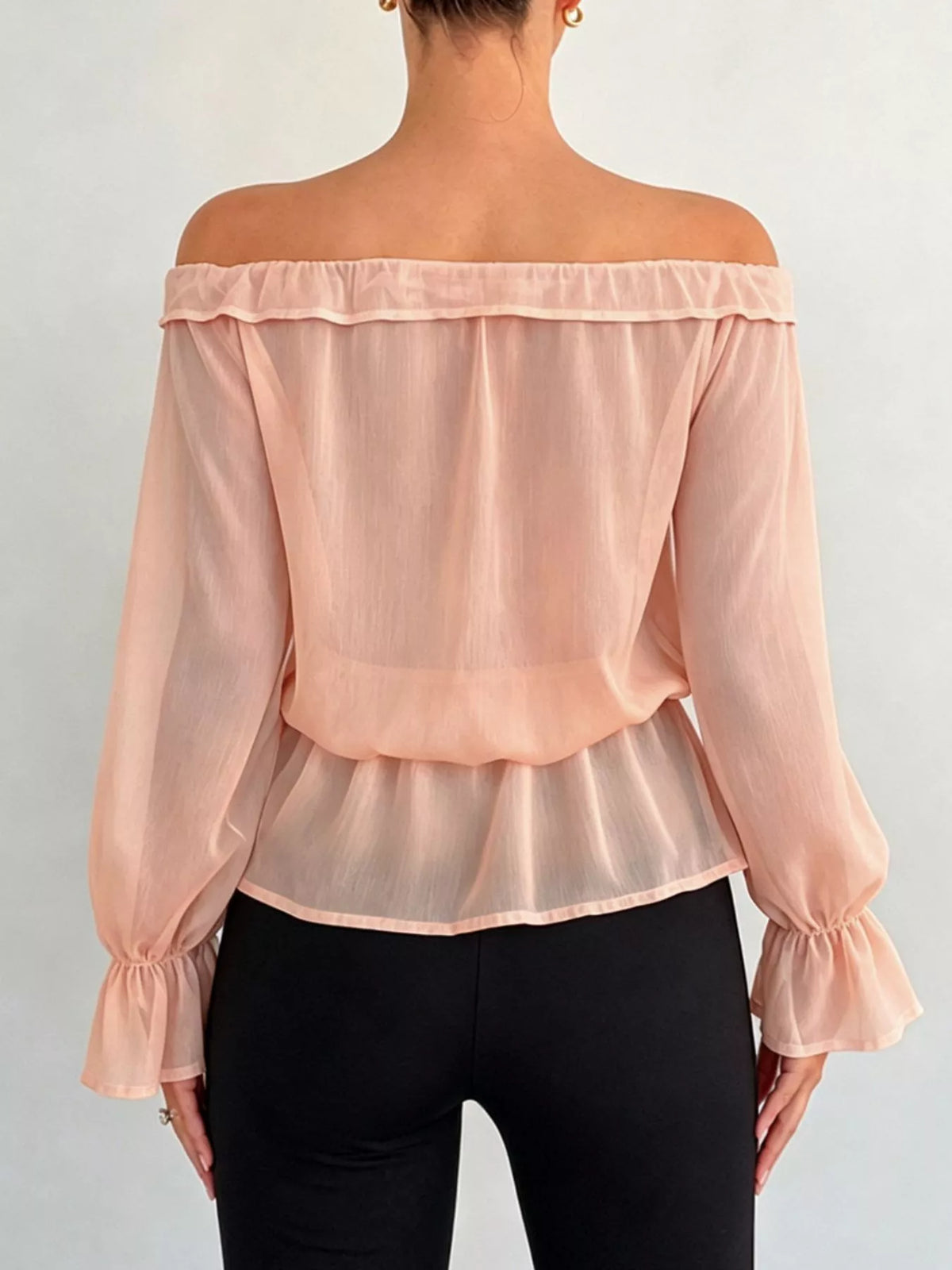 Off-shoulder Flounce Sleeve Chiffon Blouse (15)