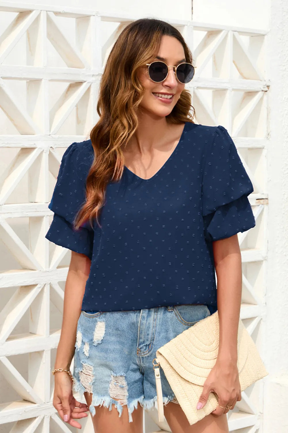 Swiss Dot V-neck Short Sleeve Blouse