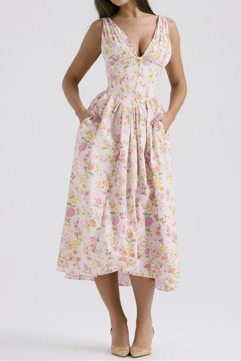 Floral V-neck Sleeveless Midi Dress Pockets (10)