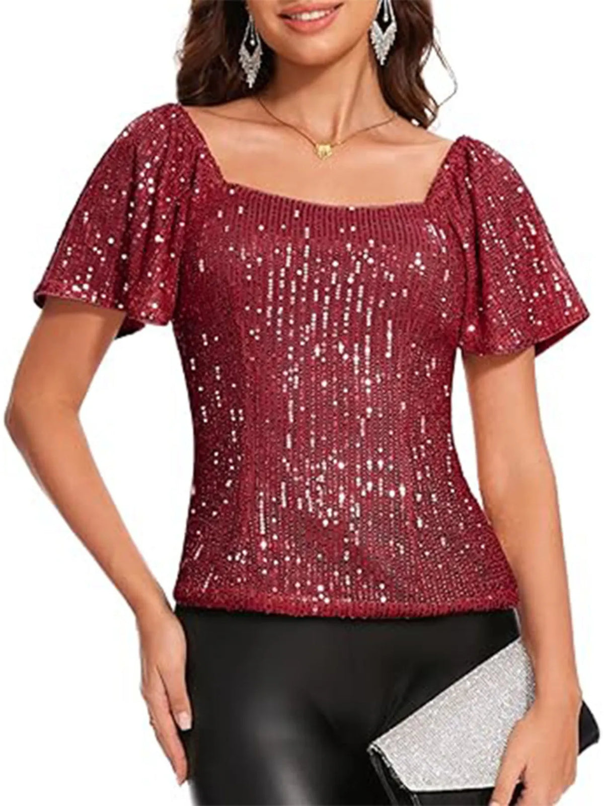 Square Neck Sequin Short Sleeve Blouse (5)