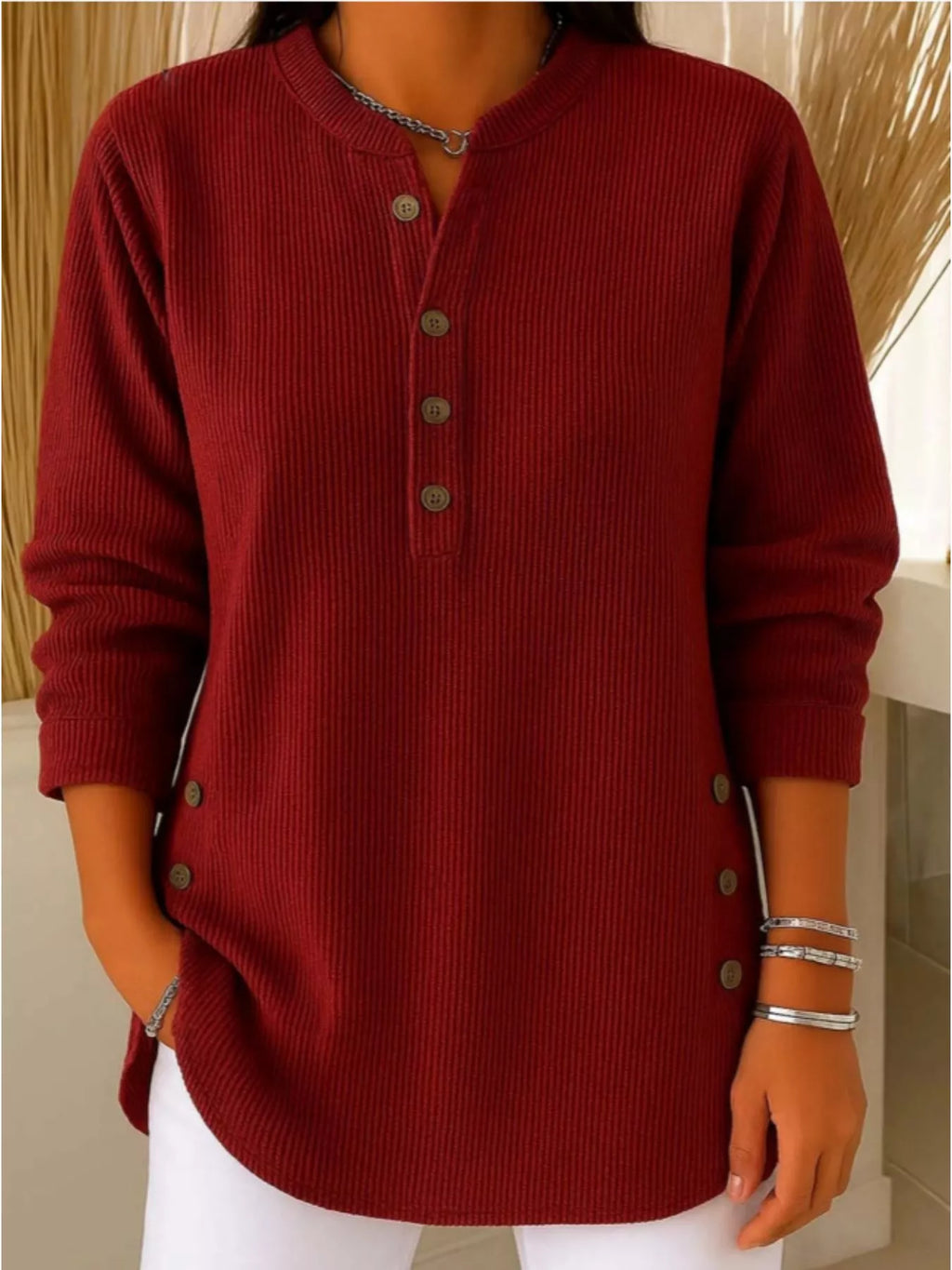 Full Size Button Detail Corduroy Top Plus