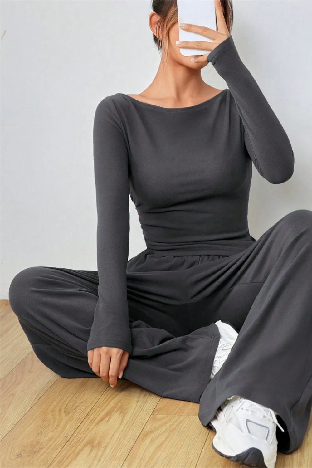Boat Neck Long Sleeve Top Pants Set (14)