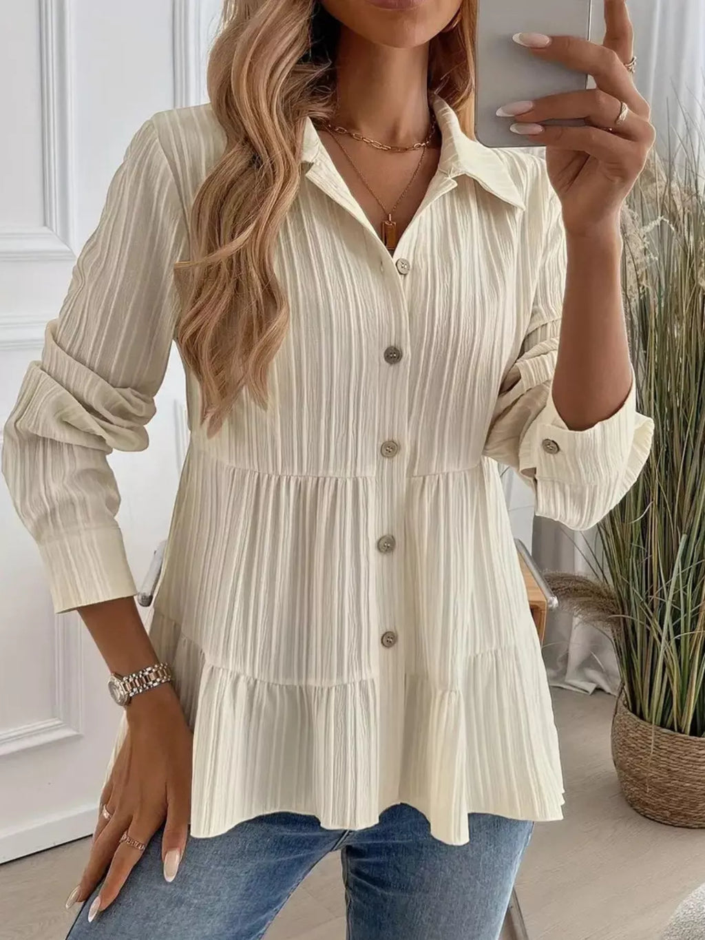 Button-down Long Sleeve Tiered Shirt