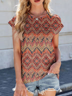 Printed Round Neck Cap Sleeve Top (24)