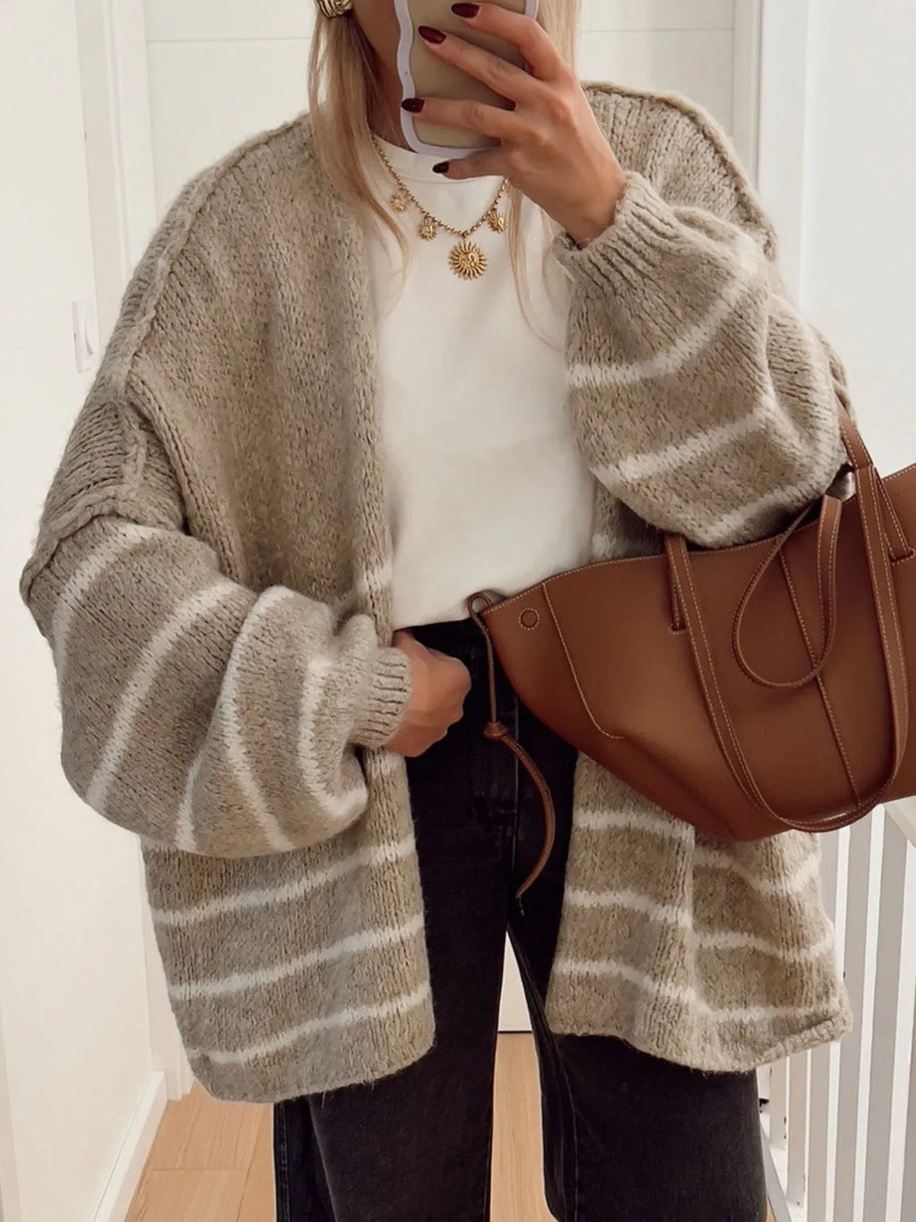 Striped Open Front Dropped Shoulder Cardigan (10)