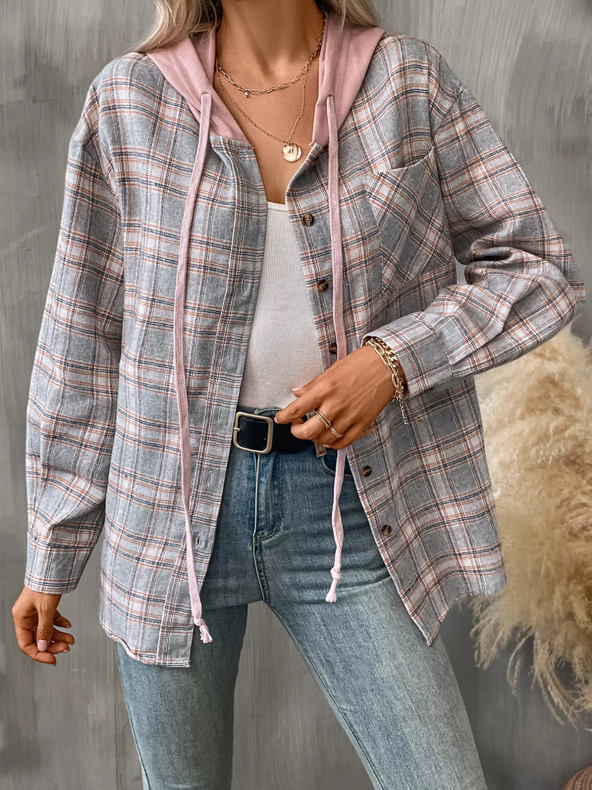 Plaid Button-up Hooded Shirt Chest Pocket (25)