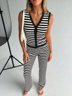 Striped Knit V-neck Button-up Sleeveless Top Flare Pants Set (15)