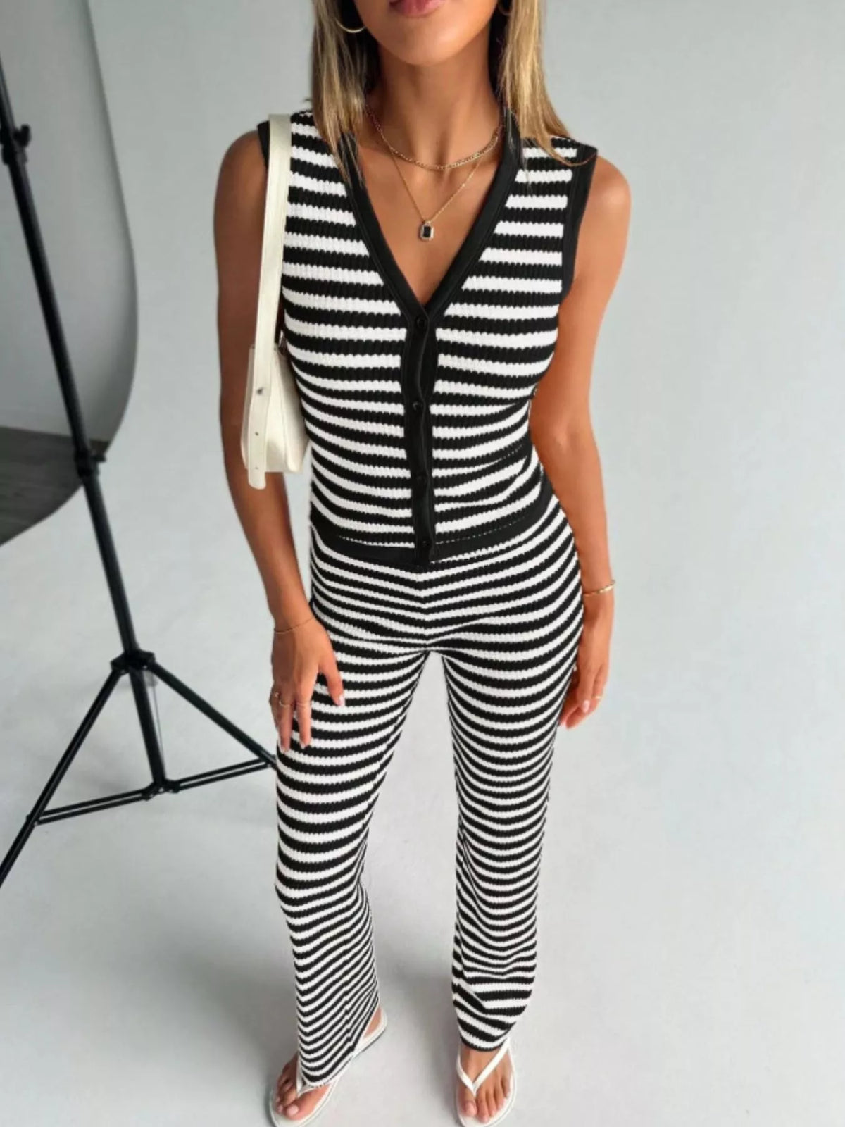 Striped Knit V-neck Button-up Sleeveless Top Flare Pants Set (15)