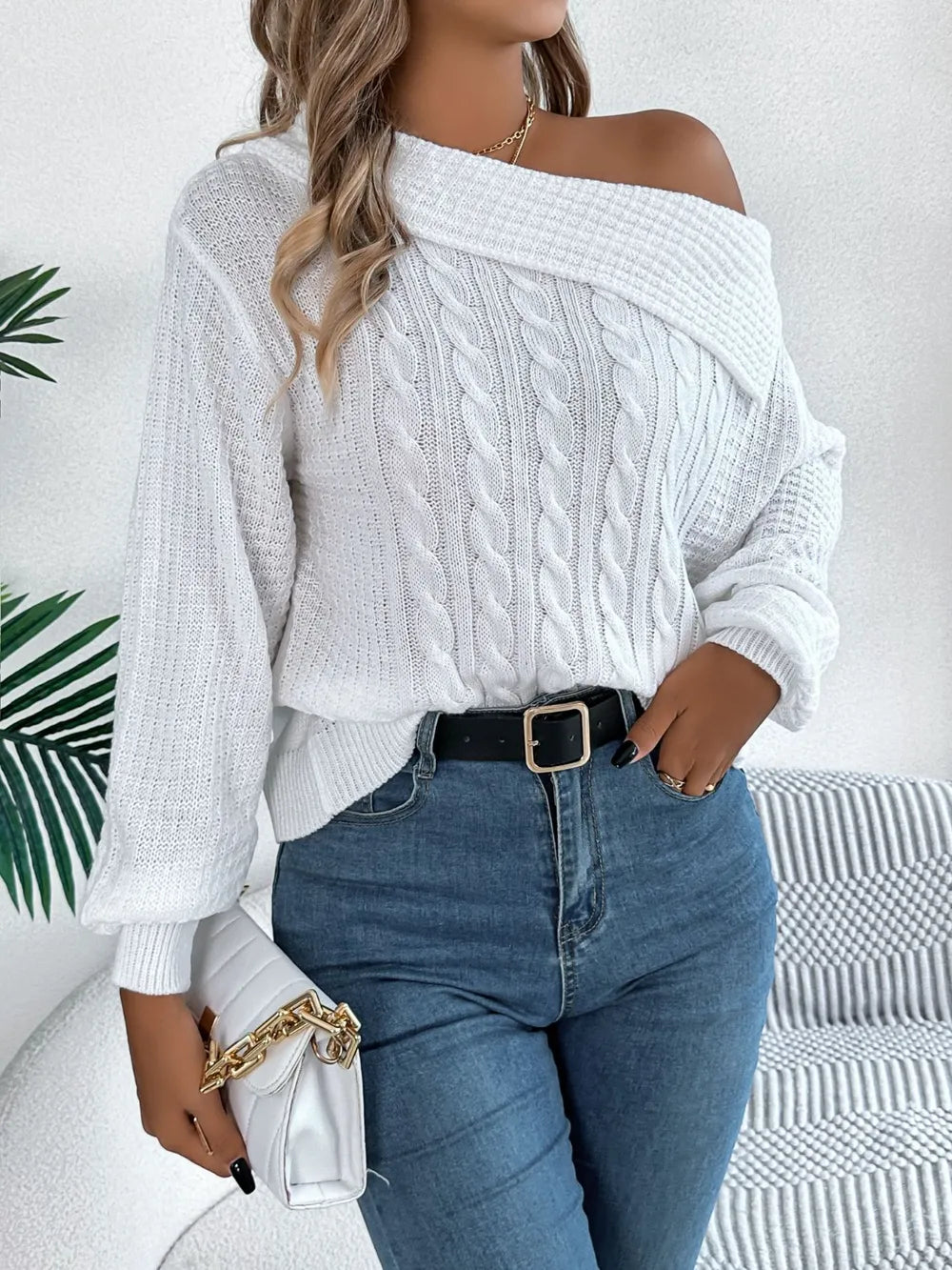 Cable-knit One Shoulder Long Sleeve Sweater (16)