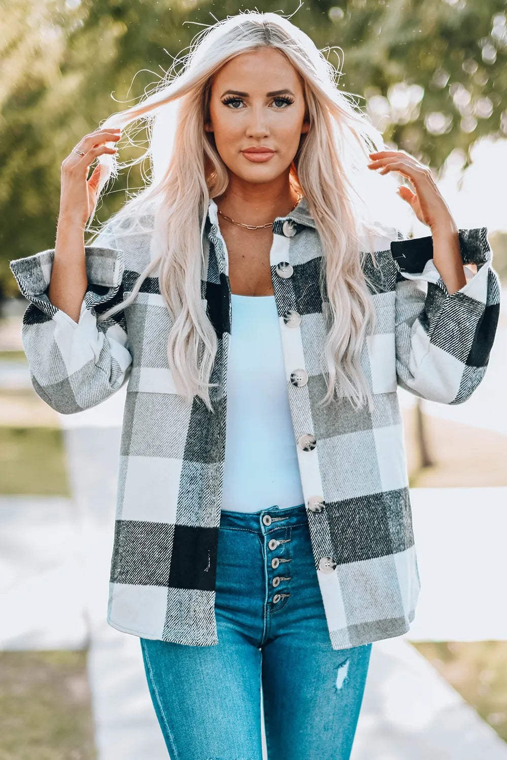 Plaid Button Up Dropped Shoulder Jacket (13)