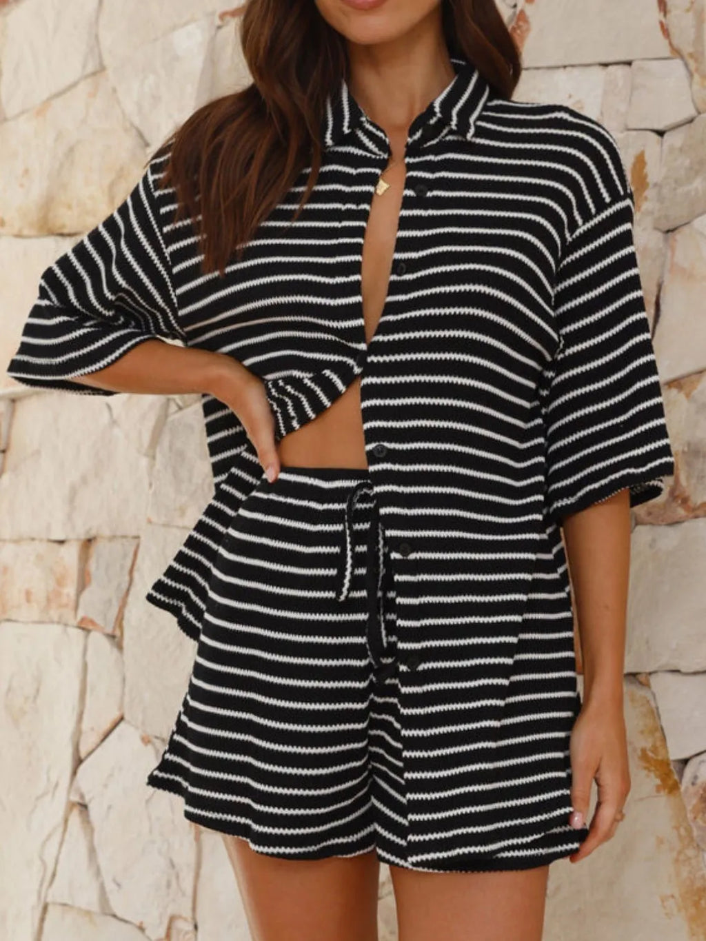 Striped Half Sleeve Top Shorts Set (19)
