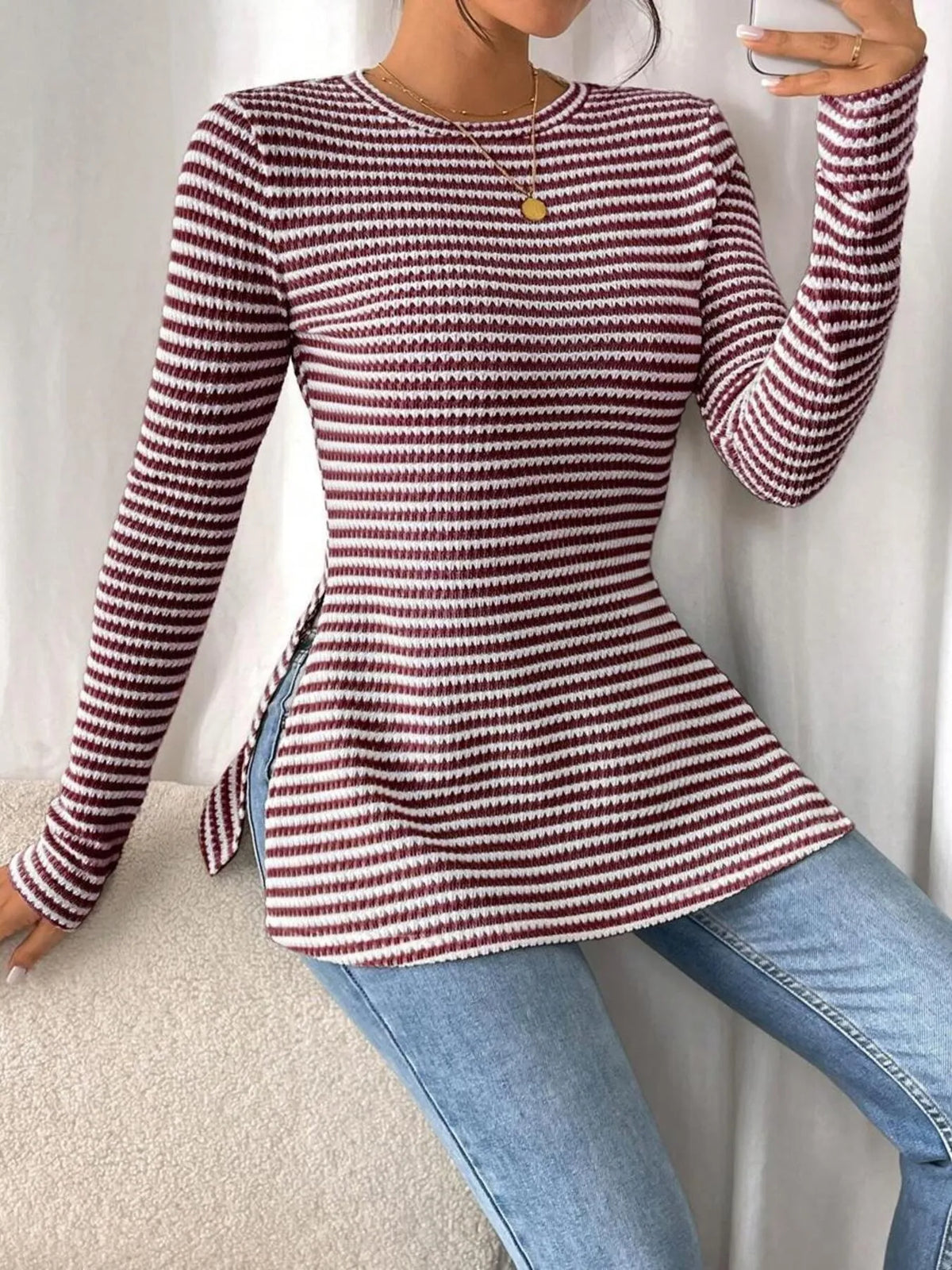 Side Slit Striped Long Sleeve T-shirt (22)