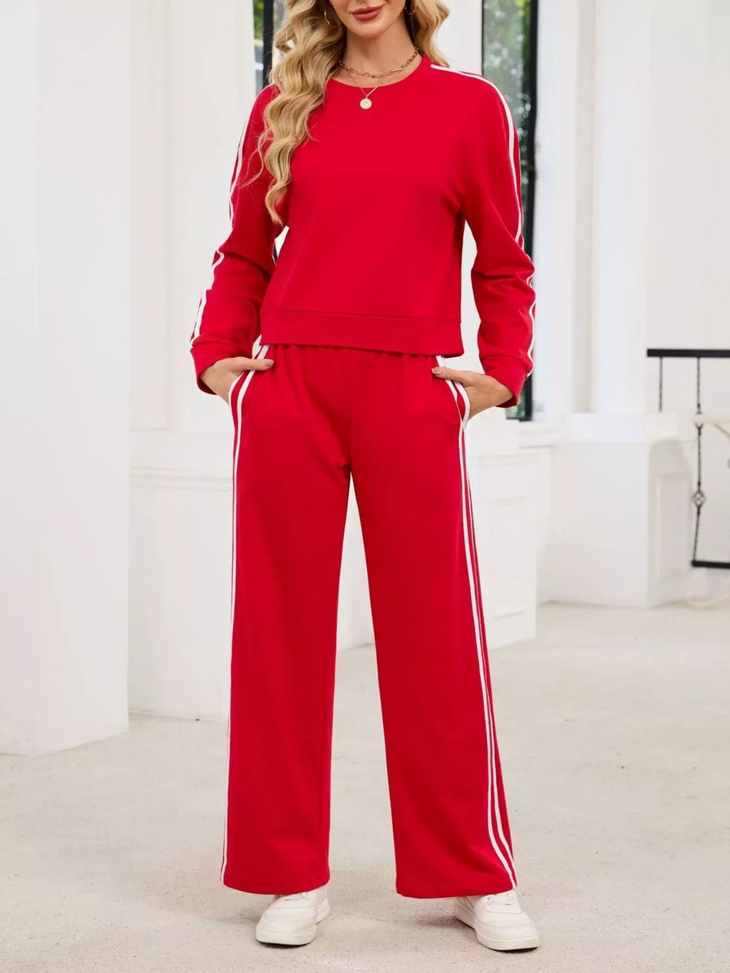 Striped Round Neck Sweatshirt Pants Set (13)