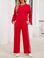 Striped Round Neck Sweatshirt Pants Set (13)